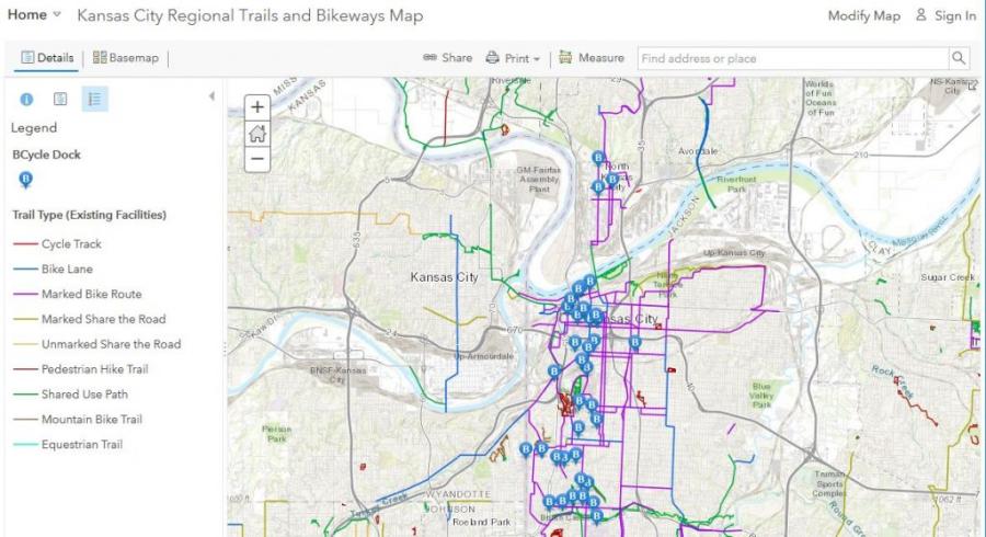 Image of the Kansas City Regional Trails and Bikeways Map created with GIS