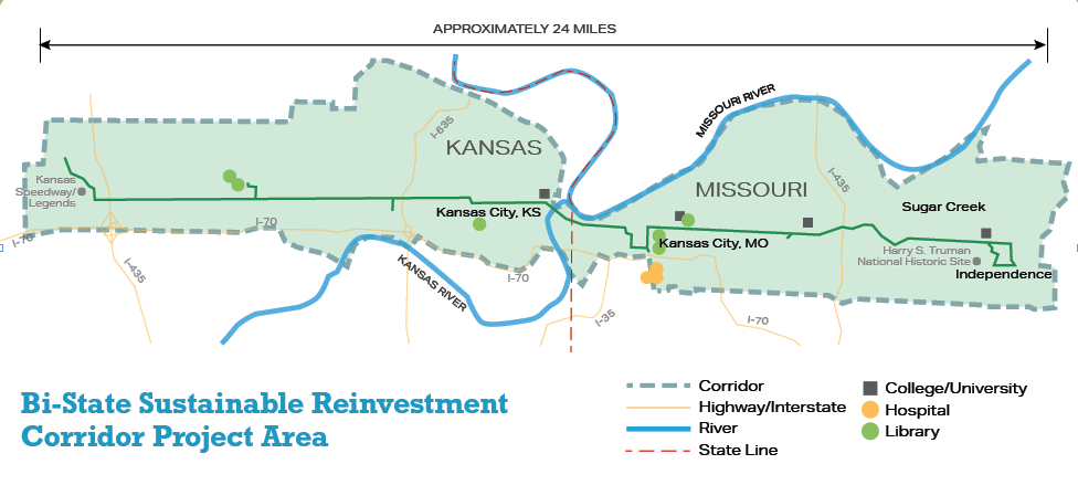 A map of the Bi-State Sustainable Reinvestment Corridor