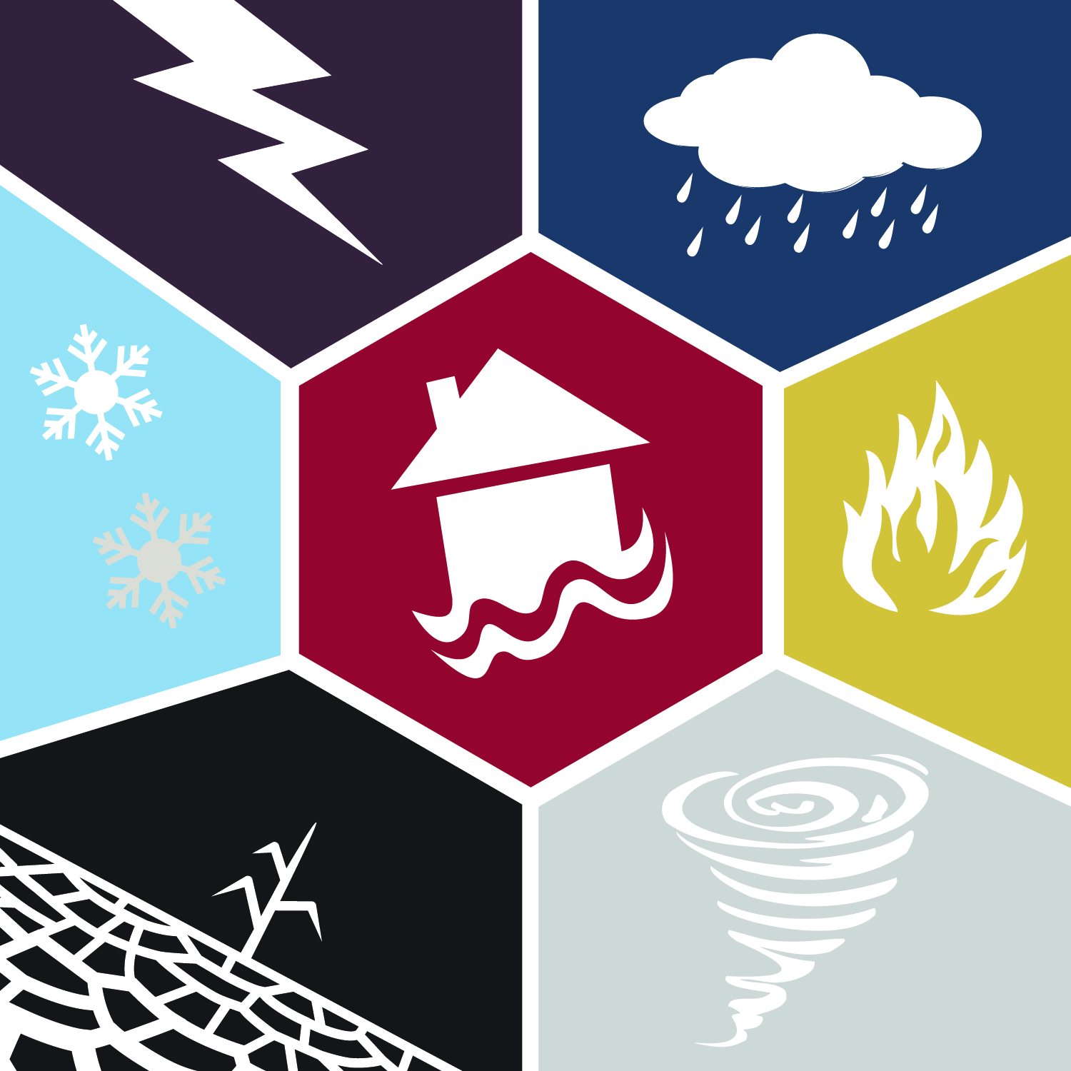 Icons representing different types of hazards in our region. For decoration only. 