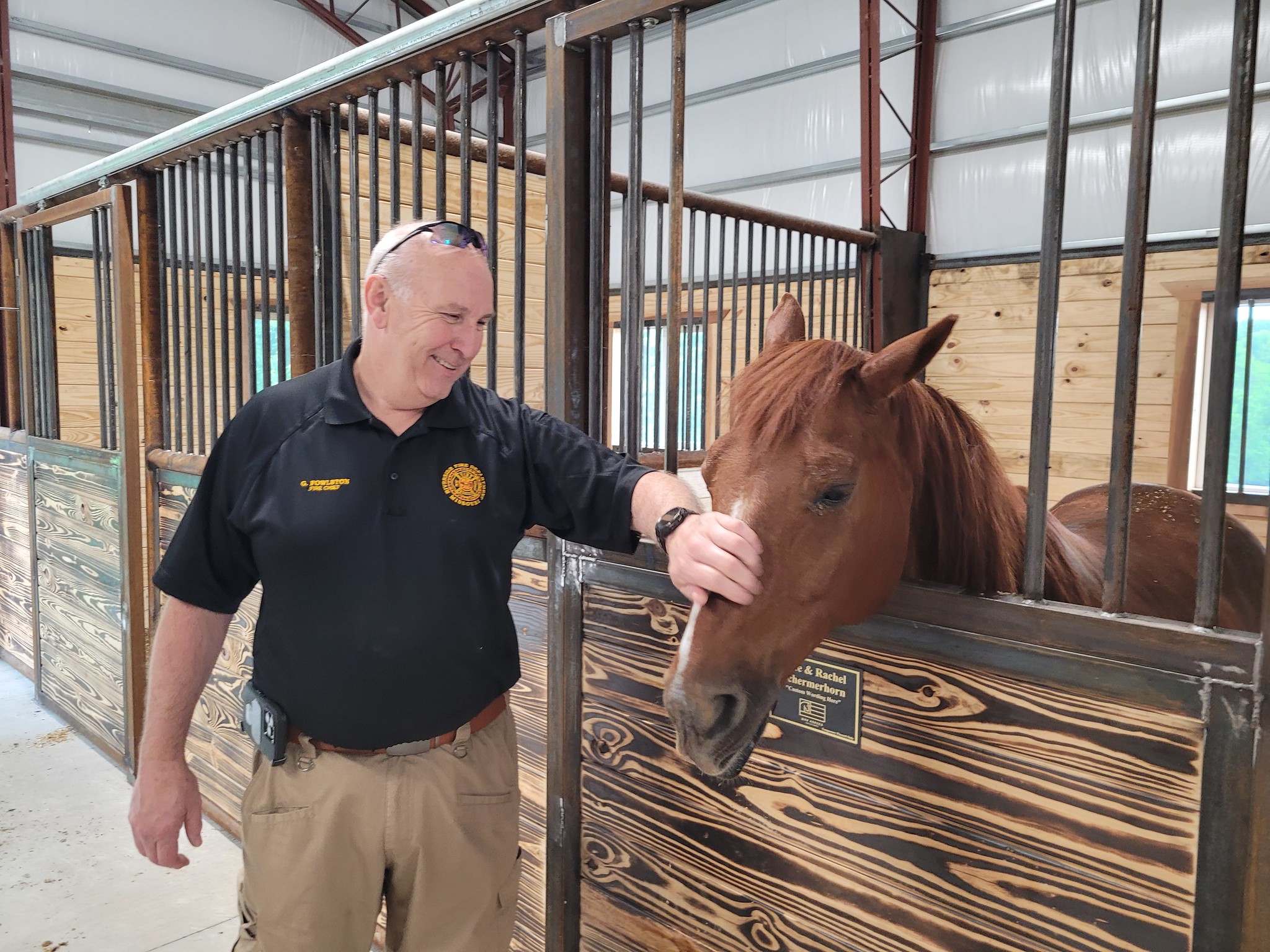 A man petting the nose of a therapy horse