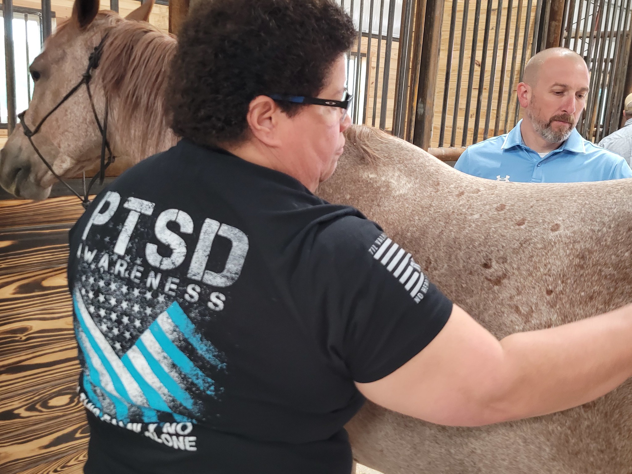 A man petting the nose of a therapy horse