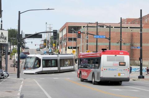 Bus and streetcar at intersection in the River Market