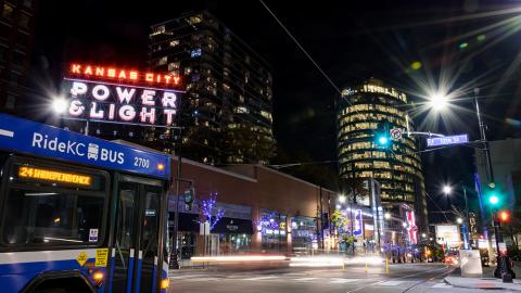 RideKC bus in Power and Light entertainment district in Kansas City, MIssouri