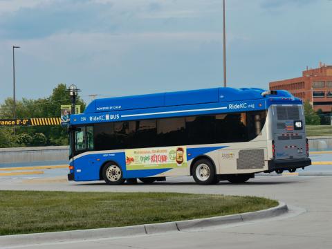 Ride KC bus at Johnson County Community College turning at a roundabout