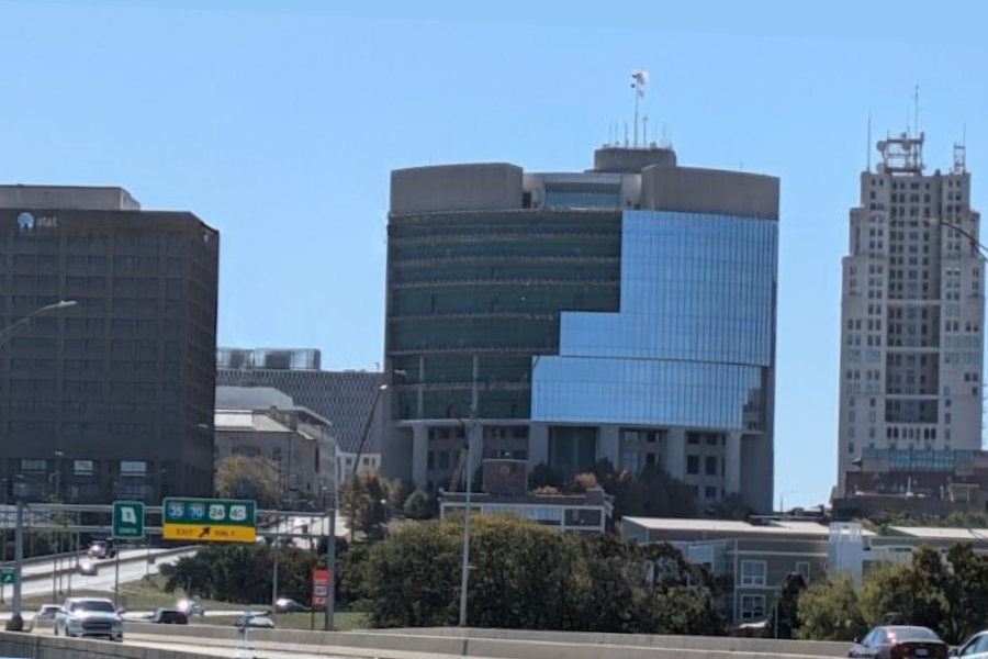 View of the federal courthouse renovation project from Heart of America pedestrian bridge