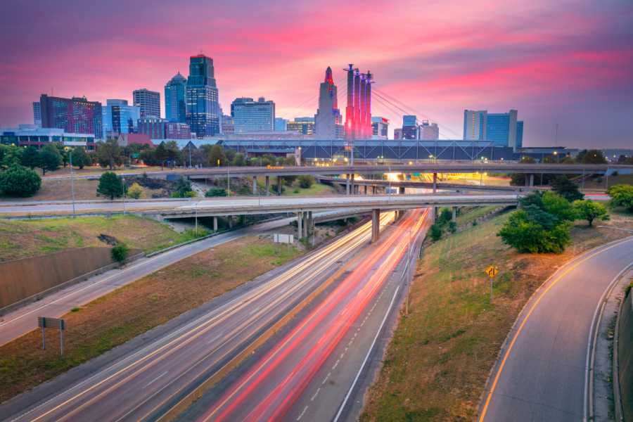 Kansas City skyline with busy highway in autumn