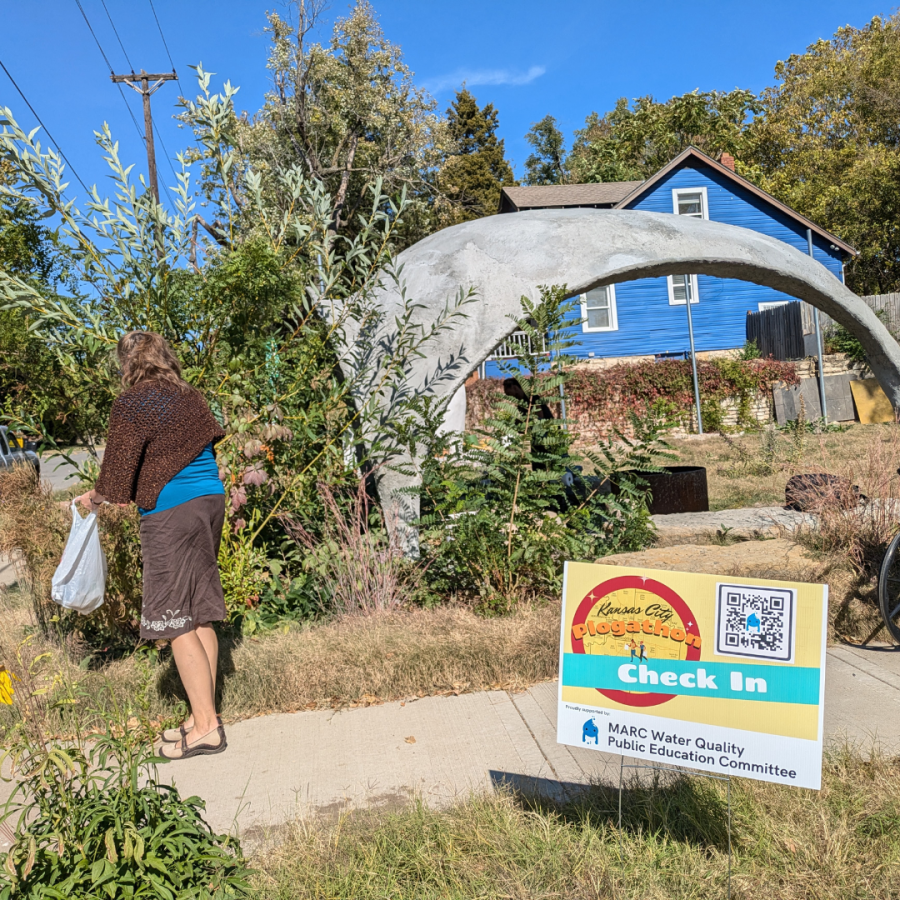 Volunteer cleans up sidewalk near native plant installation at Boon Area 1 community space in south KC