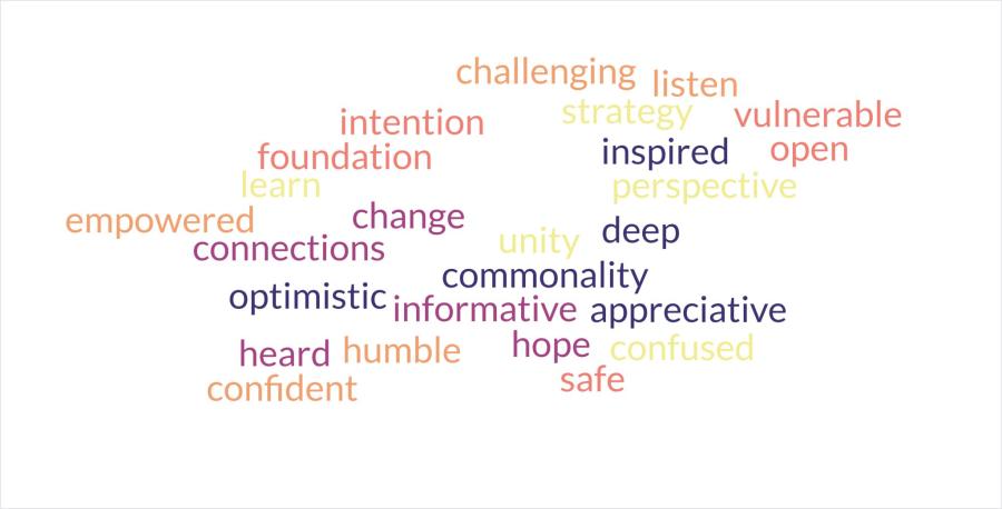 Word cloud of descriptions from the meeting. Word's mentioned include "optimistic", "heard", "informative", "hope", "confident", "empowered", and more.