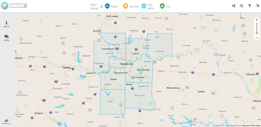 Map of nine-county region highlighted in blue and four icons on top indicating flooding, severe heat, winter weather and other 